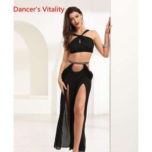 Womens Belly Dance Dance Suit Practice Clothes New Sexy Hollow Split Long Skirt+Top Bellydance Set Suit