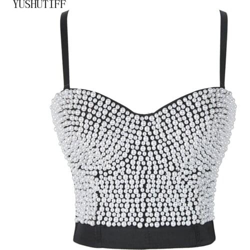 Vintage Beading Pearl Push Up Autumn Cropped Sexy White Corset Tops Female Performance Crop Top Mujer To Wear Out Cami DB903