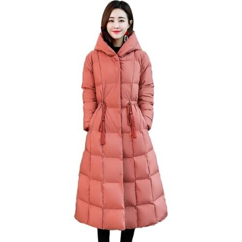 2019 New Parker Women Over Knee Cotton Coat Hooded Jacket Korean Version Plus Long Winter Jacket Waist Female Cotton Coats Tren