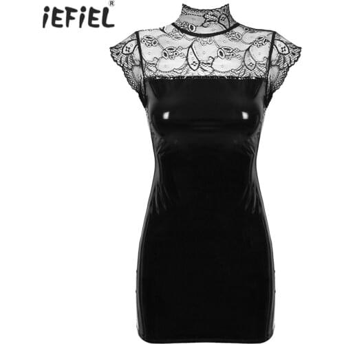 Women Sleeveless Lace Patchwork Patent Leather Bodycon Skinny Sexy Mini Dress Zippered Slim Fit Dancing Dress Costumes Clubwear