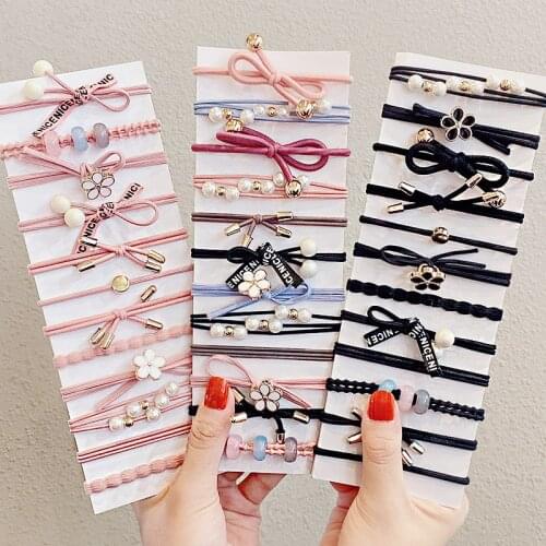 5PCS/8PCS Lot Korean Pearl Hair Accessories for Women Simple Elastic Hair Rubber Bands Girls Alloy Flower Ponytail Holder Tie