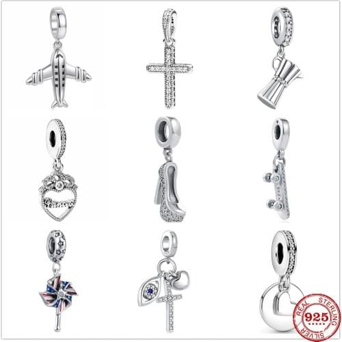 925 Sterling Silver aircraft teapot High heels skateboard windmill DIY fine bead Fit Original Pandora Charm Bracelet Jewelry