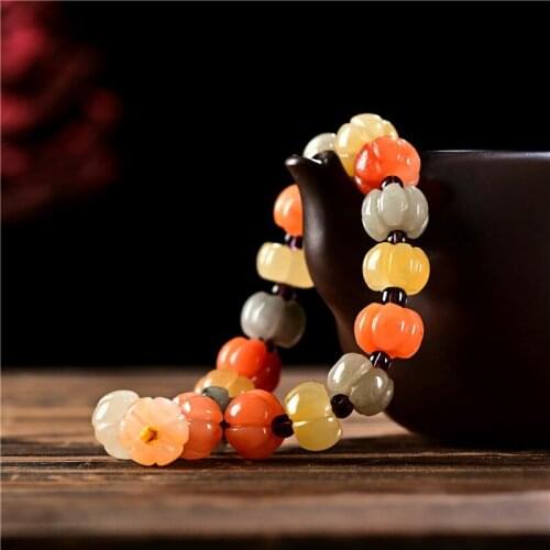 Natural tricolor jade handcarved pumpkin beads bracelets beads for couples woman men beads bracelet with jade bracelet