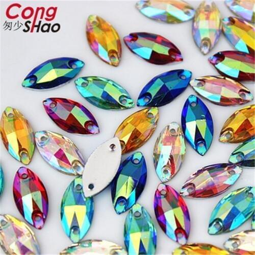 Cong Shao 200pcs 7*15mm Horse eye AB Colorful Flatback Resin Rhinestone Sewing 2 Hole Costume Button Stones And Crystals CS418