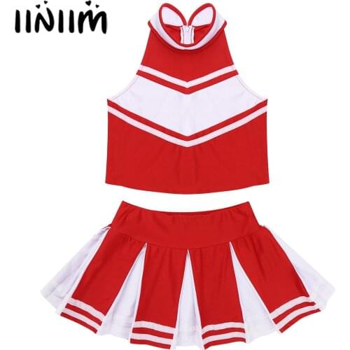 Iiniim Kids Girls Cheerleader Costume Zippered Tops with Skirt School Uniform Stage Performance Cosplay Party Ballroom Dancewear