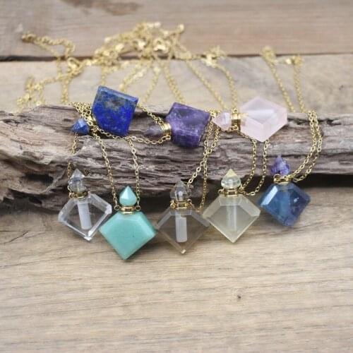 Diamond Shaped Stone Perfume Bottle Pendants Chains Fashion Women Fluorite Essential Oil Vial Charms Necklace Jewelry QC1072