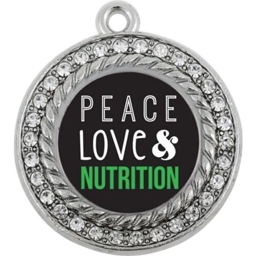 PEACE, LOVE, AND NUTRITION CIRCLE CHARM ANTIQUE SILVER PLATED JEWELRY