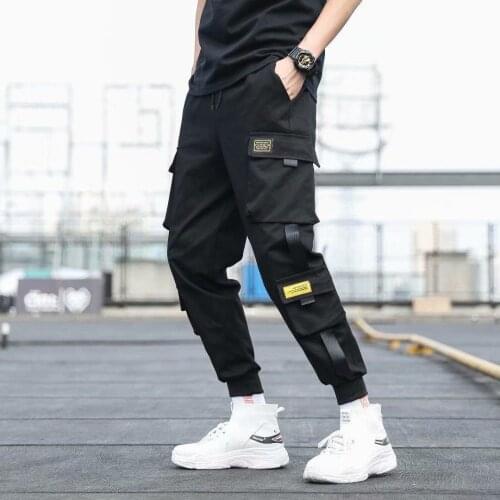 Mens Side Pockets Cargo Harem Pants 2021 Ribbons Black Hip Hop Casual Male Joggers Trousers Fashion Casual Streetwear Pants