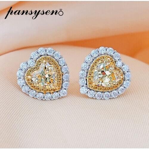 PANSYSEN Romantic 100% 925 Sterling Silver Heart Simulated Moissanite Citrine Gemstone Stud Earrings for Women Ear Fine Jewelry