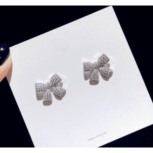 Diamond S925 Sterling Silver Stud Earrings for Women Bowknot Cute/Romantic Wedding Jewelry Fashion Silver Earrings for Women