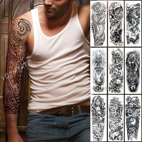 Large Arm Sleeve Tattoo Maori Power Totem Waterproof Temporary Tattoo Sticker Warrior Samurai Angel Skull Men Full Black Tatoo