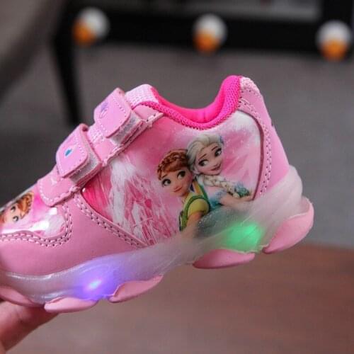 Disney Led Shoes for Girls Kids Light Up Shoes Children Breathable Fashion Sneakers Infant Girl Cartoon Frozen princess Toddler
