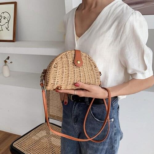 Women Straw Woven Semicircle Bags 2021 Handmade Rattan Dumpling Shoulder Bag Female Summer Beach Small Crosbody Vacation Purses