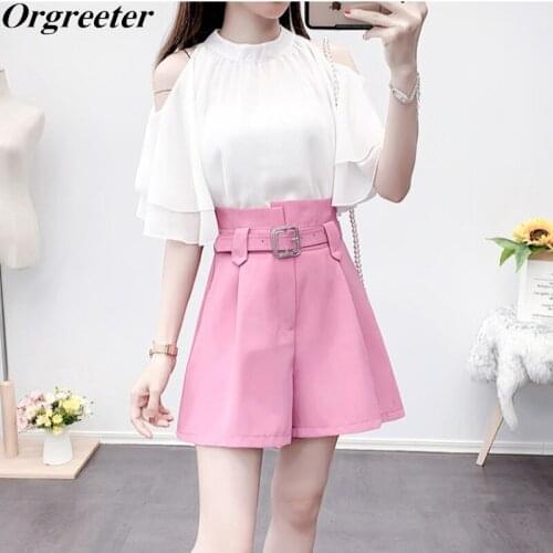 Elegant OL Chiffon Shirt Shorts 2 pcs Female 2021 Summer Butterfly Sleeve Strapless White Blouse+ Wide leg Pants Suits