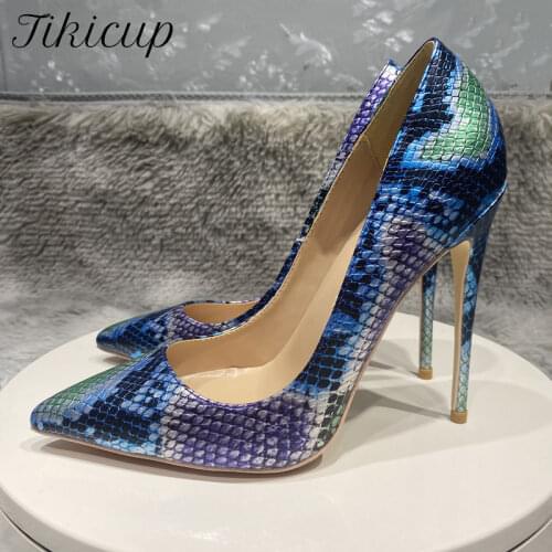 Tikicup Snake Skin Pattern Women Blue Pointed Toe Stilettos High Heels Sexy Ladies Night Club Party Shoes Plus Size 43 44 45
