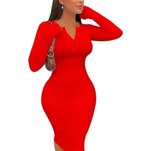 Women Spring Fashion Sexy Package Hip Long Sleeve Party Night Club Bodycon Dress Red Elegant Midi Dress Female Vestido Robe