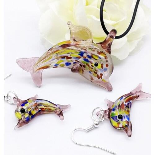 1Set Chinese Style Glass Murano NEW Trendy Creative DIY Purple Love Dolphin Pendant Necklace For Women Animal Charm Jewelry Gift