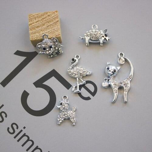 10pcs/lot Crystal Cat Elephant Dog Rhinestone Dangle Handmade Charms Pendant DIY for Bracelet Necklace Bag