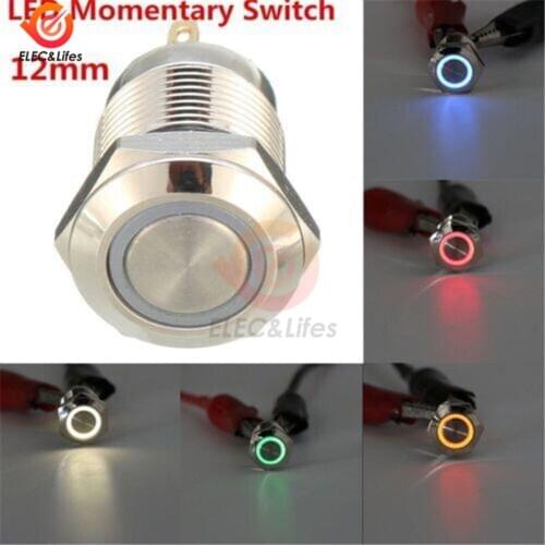 12V Car Button Switch Self-reset 12mm Power Reset Yellow Green Red Blue White LED Waterproof Metal Switch LED Momentary Switch