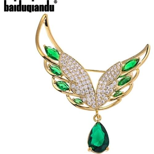 Baiduqiandu Women Men Cubic Zircon Angel Wing Brooches Pins With Waterdrop Pendant Green Crystal Dress Shirt Collar Pins Gift