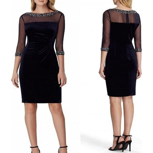 Sparkle Velvet Wedding Guest Cocktail Party Dress Illusion Neck Beads Sequin Short Prom Formal Gown Plus Size Robe De Soriee