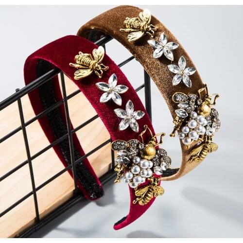Bohemian Vintage Velvet with Metal Bee Rhinestone Hairband Handmade Headband customized Hair Accessories
