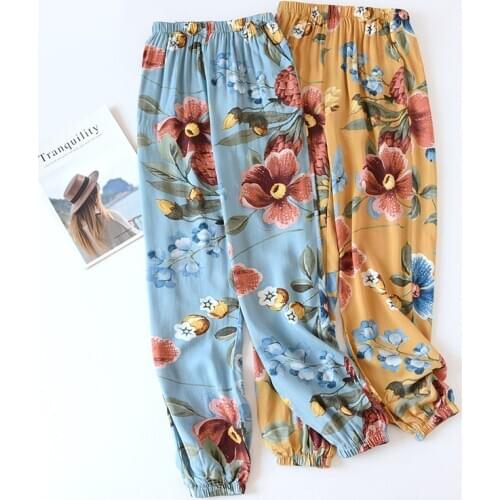 Fdfklak Floral Print Color Trousers Cotton Closed Bloomers Home Pajama Pants Thin Loose Sleep Bottoms Spring Summer New