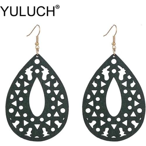YULUCH Ethnic Hollow Natural Wooden Water Drop Earrings Fashion Jewelry 2019 African Style Long Dangle Earrings For Women Party