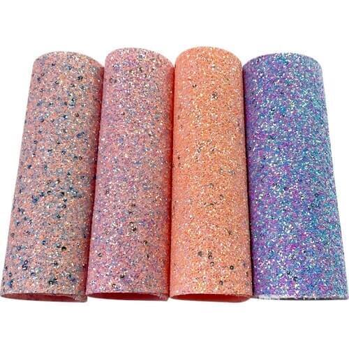 Light Colors Chunky Glitter Faux Leather Fabric Sheets with Silver Round Sequins For Shoes/Bags/DIY Accessories