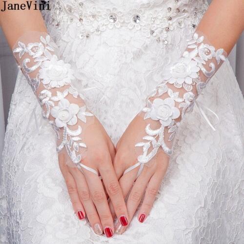 JaneVini Elegant Lace White 3D Flowers Pearls Bridal Gloves Fingerless Wrist Length Women Glove Wedding Accessories Guanti Pizza