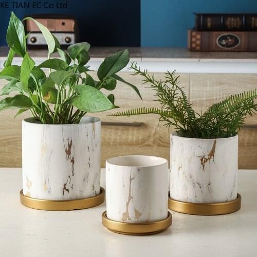 European-style Ceramic Marble Gold-pattern Cylindrical Flowerpot Home Succulent Plant Potted with Tray Countertop Ornaments Vase