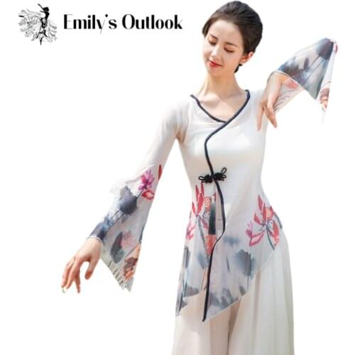 Adults Classical Dance Shirt Chinese Dance Wear Lotus Mesh Shirt For Women Dancing Practice Blouse Wide Sleeve Brush Drawing