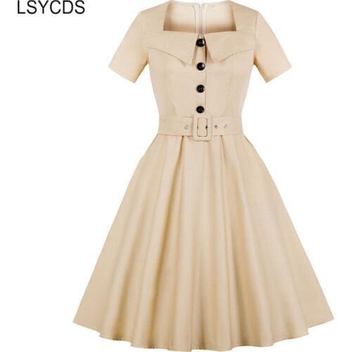 LSYCDS Hepburn Style Retro Dresses Short Sleeve Robe Gown Big Swing Casual Party Rockabilly 50s 60s Vintage Women Dress