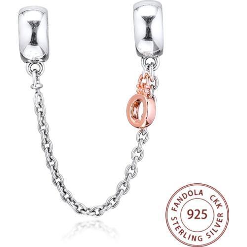 Fashion 925 Sterling Silver Dangling Crown O Safety Chain Charms Beads for Jewelry Making Fits Original Bracelet Argent berloque