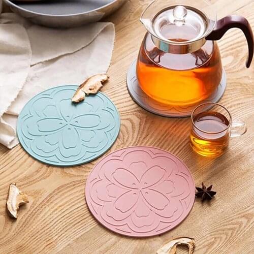 Soft Silicon Coaster Cup Pot Kettle Tea Mats Pads Round Pink Flowers Home Decorations Placemat Desktop Non-slip Waterproof