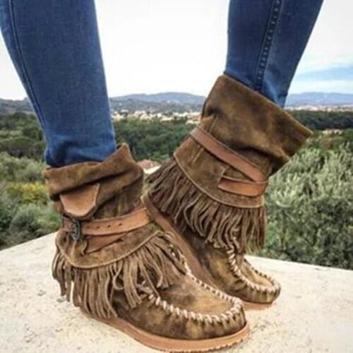 New Winter Flat Sleeve Large Size Tassel Riding Boots Ethnic Style Cotton Boots Womens Leather Boots Female Martin Boot