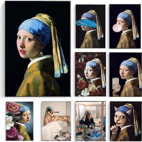 Abstract Graffiti Art Funny Girl with Pearl Earrings Posters and Prints Canvas Paintings Wall Art Pictures for Living Room Decor