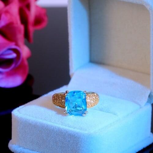 Luxury Female Light Blue Zircon Stone Ring Fashion Yellow Gold Love Engagement Ring Vintage Crystal Wedding Rings For Women