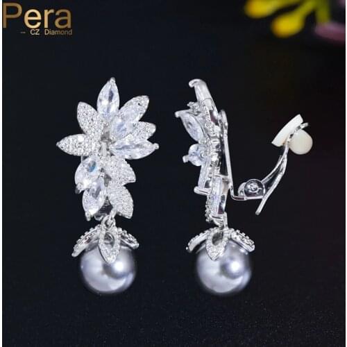 Pera Symmetrical Long Dangle Leaf Pearl CZ Crystal No Hole Pierced Ear Clip on Earrings Without Piercing Women Jewelry E702
