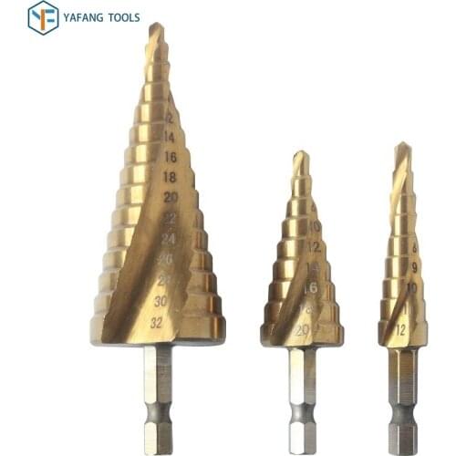 3pcs/set 4-12mm 4-20mm 4-32mm HSS Spiral Groove Step Drill Bit Titanium Coated Wood Metal Hole Cutter Hex Core Drill Bit