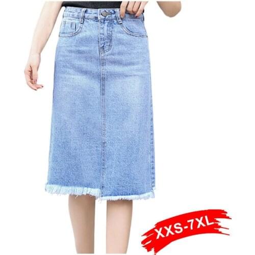Plus Size Streetwear Tassel Hem White Jeans Midi Skirt 3Xl 5Xl 7Xl Summer Spring Fringed Hem Casual Denim Skirts