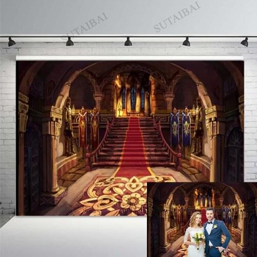 Beauty Castle Palace Dance Hall Ballroom Backdrop Photography Studio Red Curtains Stairs Wedding Custom Photo Background Vinyl