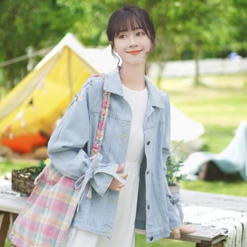 Womens Autumn Jacket Casual Jean Jacket Ladies Loose Womens Denim Jacket Belt Button Pockets Flowers Jackets For Women 2021