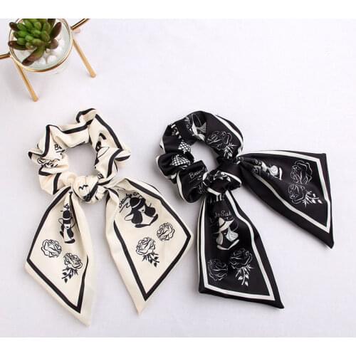 Black White Rose Flower Scarf Hair Bands Fashion Detachable Strap Streamer Ponytail Holder Women Hair Scrunchies Ties Headdress