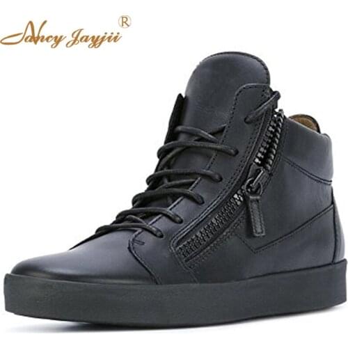 Womens Black Patent Leather Round Toe Ankle Zip High Top Sneakers Leather Lace Up Flat Shoes Woman Leasure Nancyjayjii