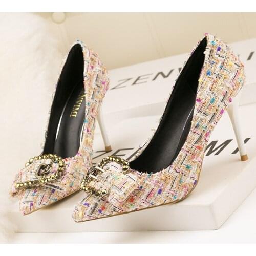 Korean Mixed Colors Woolen Women Pumps New Elegant Crystal Metal Buckle Womens High Heel Shoes Autumn Shallow Dress Office Shoe