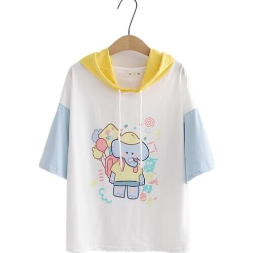 Women Short Sleeve Hoodies And Sweatshirts Cartoon Print Patchwork Hooded Pullover Femme Casual Loose Drawstring Tracksuits