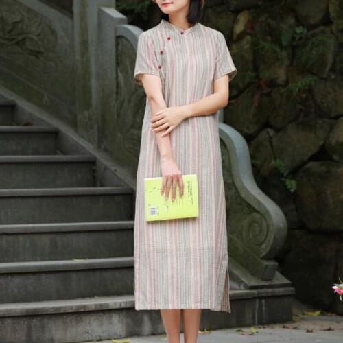 Johnature Women Chinese Style Dress Cotton Linen Stand Short Sleeve Cheongsam 2021 Summer New Stripe Button Loose A-Line Dress