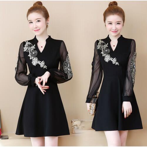 Spring 2020 New Korean Plus Size Embroidery Women Dress Fashion V-neck Mesh Lantern Sleeve Dress Temperament A Word Vestidos 5XL