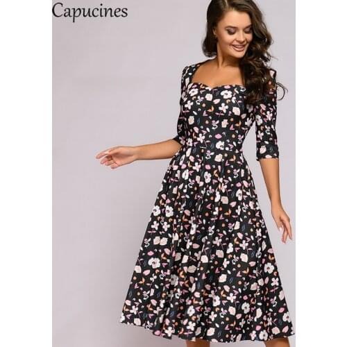 Capucines Floral Print Bow Tie Backless Dress Women Autumn Vintage Square Collar 3/4 Sleeve A Line Midi Dresses Famme 2020